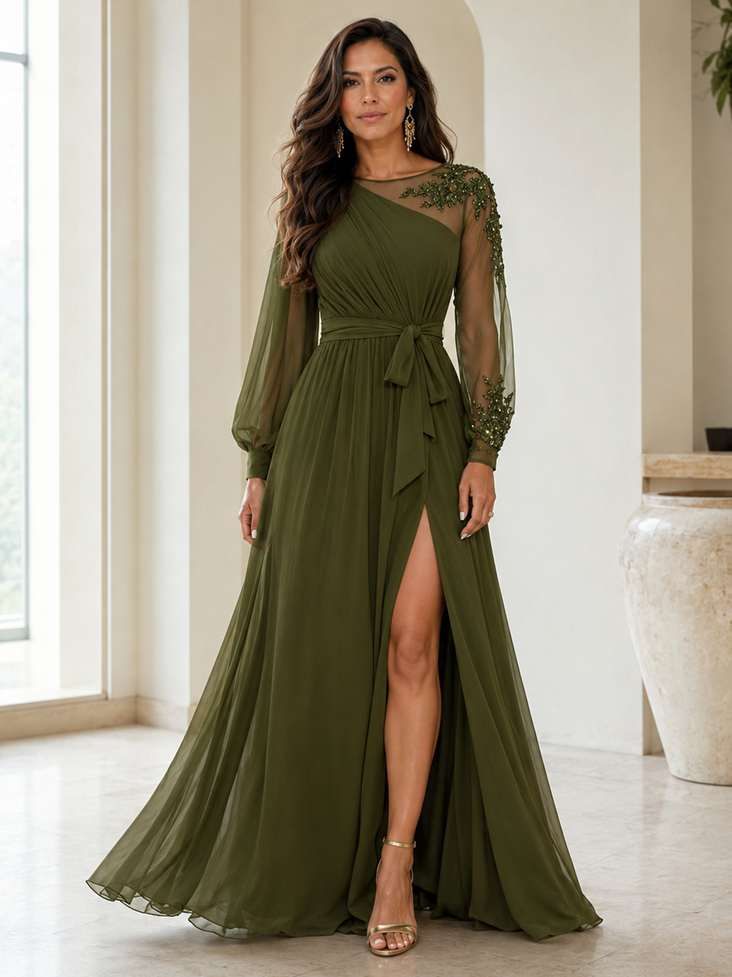Sheer Mesh Beaded Sleeve One Shoulder Chiffon Evening Gown