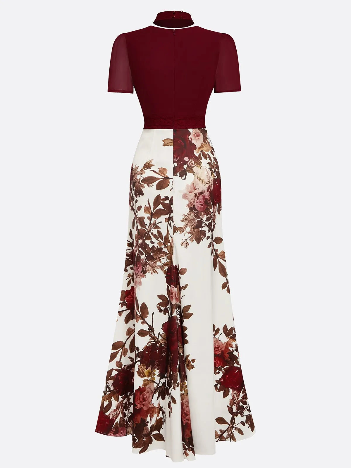 Wine Red Lace Floral Satin V Neck Short Sleeve A-Line Maxi Dress