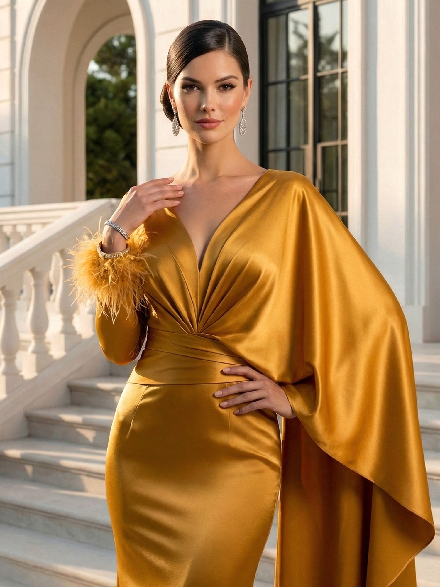 Evening Formal Gold Satin Dress V Neck Long Sleeve Cape Maxi Gown