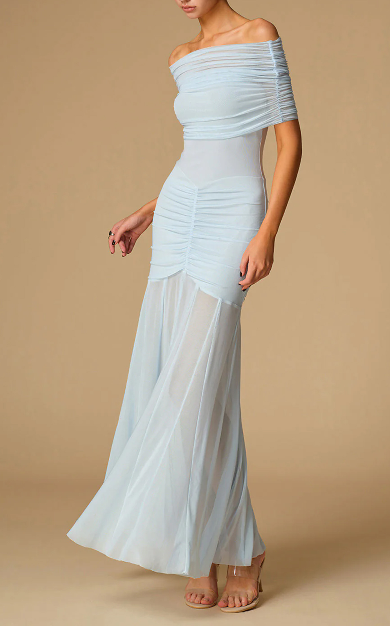 Off-Shoulder Ruched Semi-Sheer Dress
