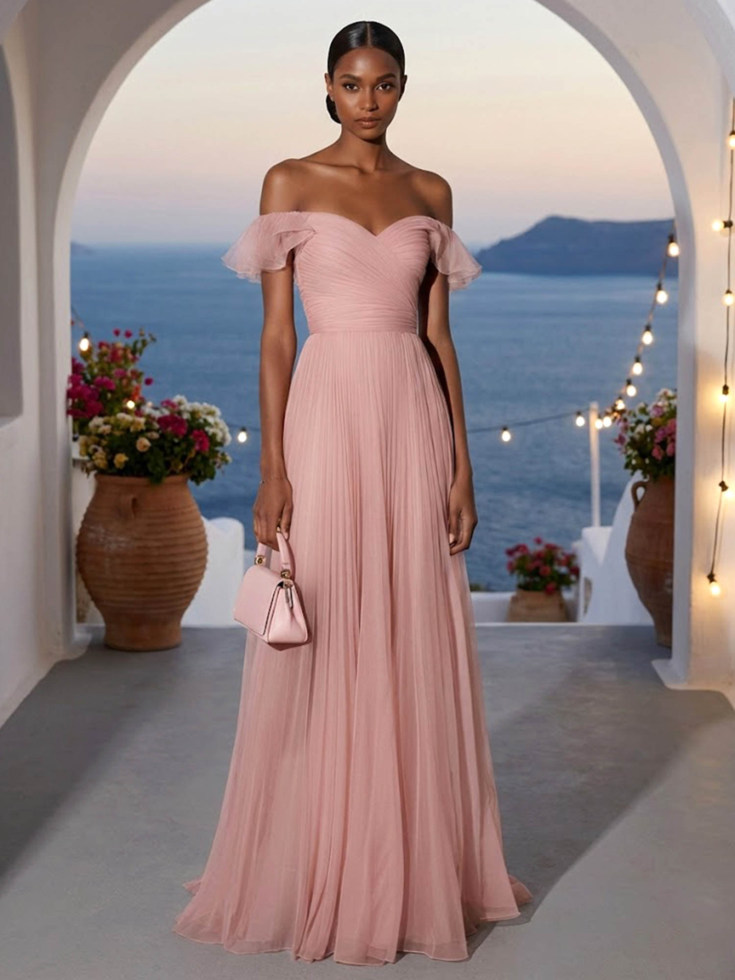 Pink Ruffled Pleated Tulle Off The Shoulder Short Sleeve A-Line Gown Dress