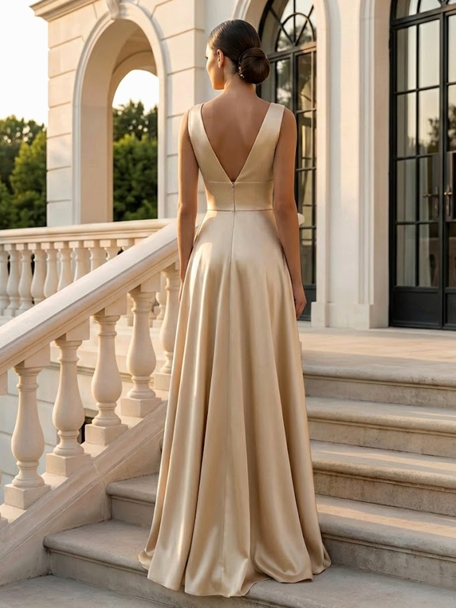 Champagne Elegant Satin V-Neck Maxi Dress With Asymmetric Ruffle