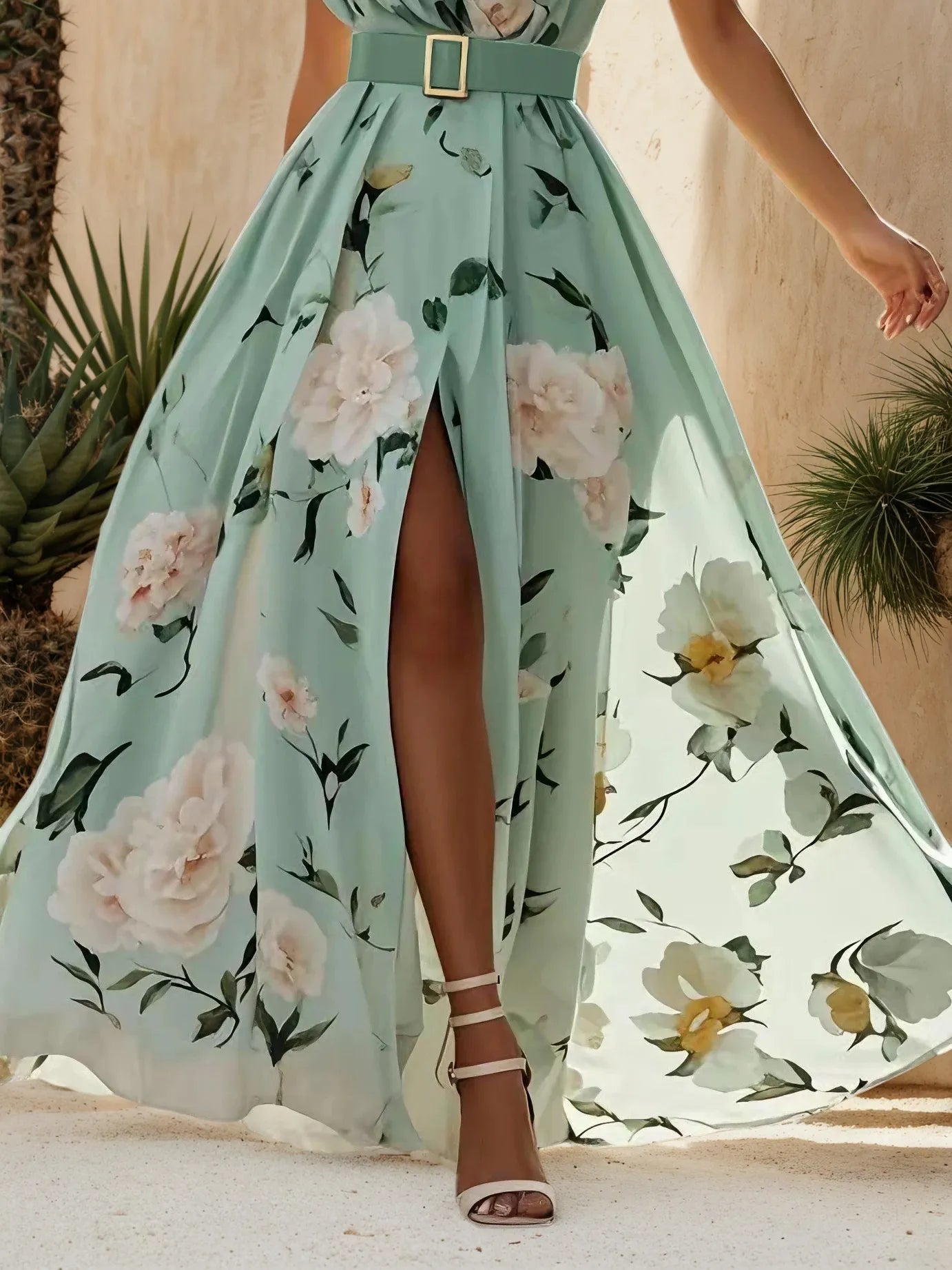 Light Green Floral Ruched One Shoulder A-Line Maxi Chiffon Dress