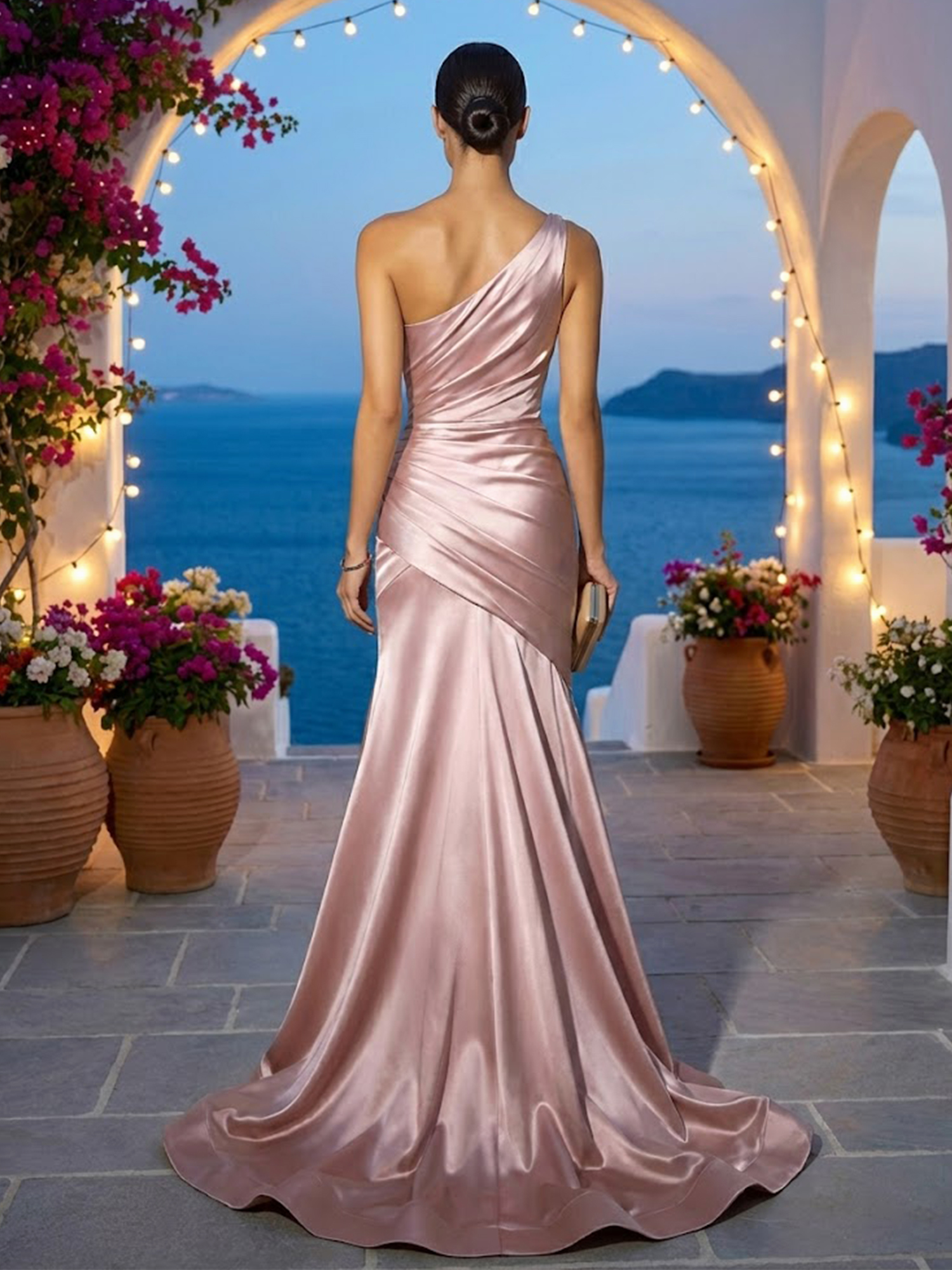 Pink Ruched Satin One Shoulder Sleeveless A-Line Gown Dress