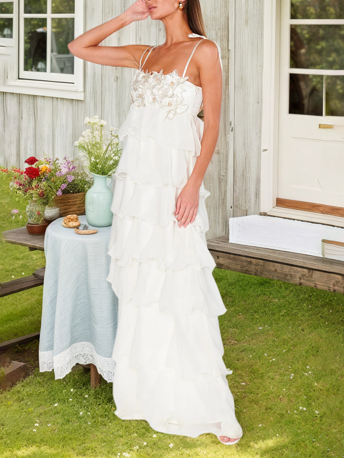 White Embroidered Chiffon Ruffle Maxi Dress