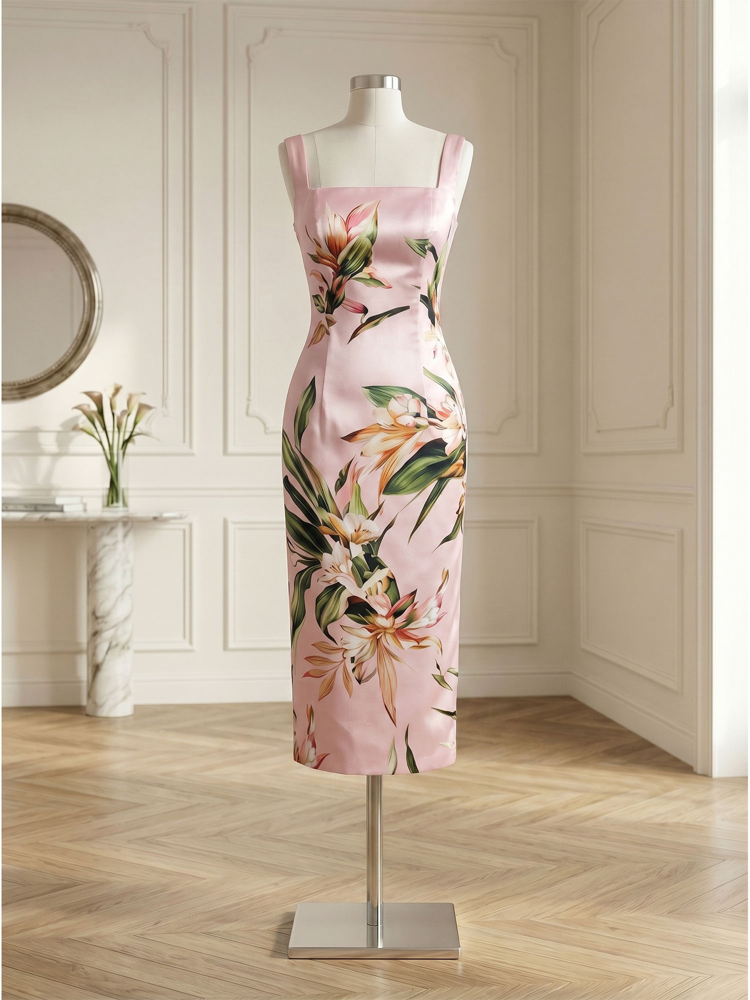 Sophisticated Floral Print Midi Sheath Dress