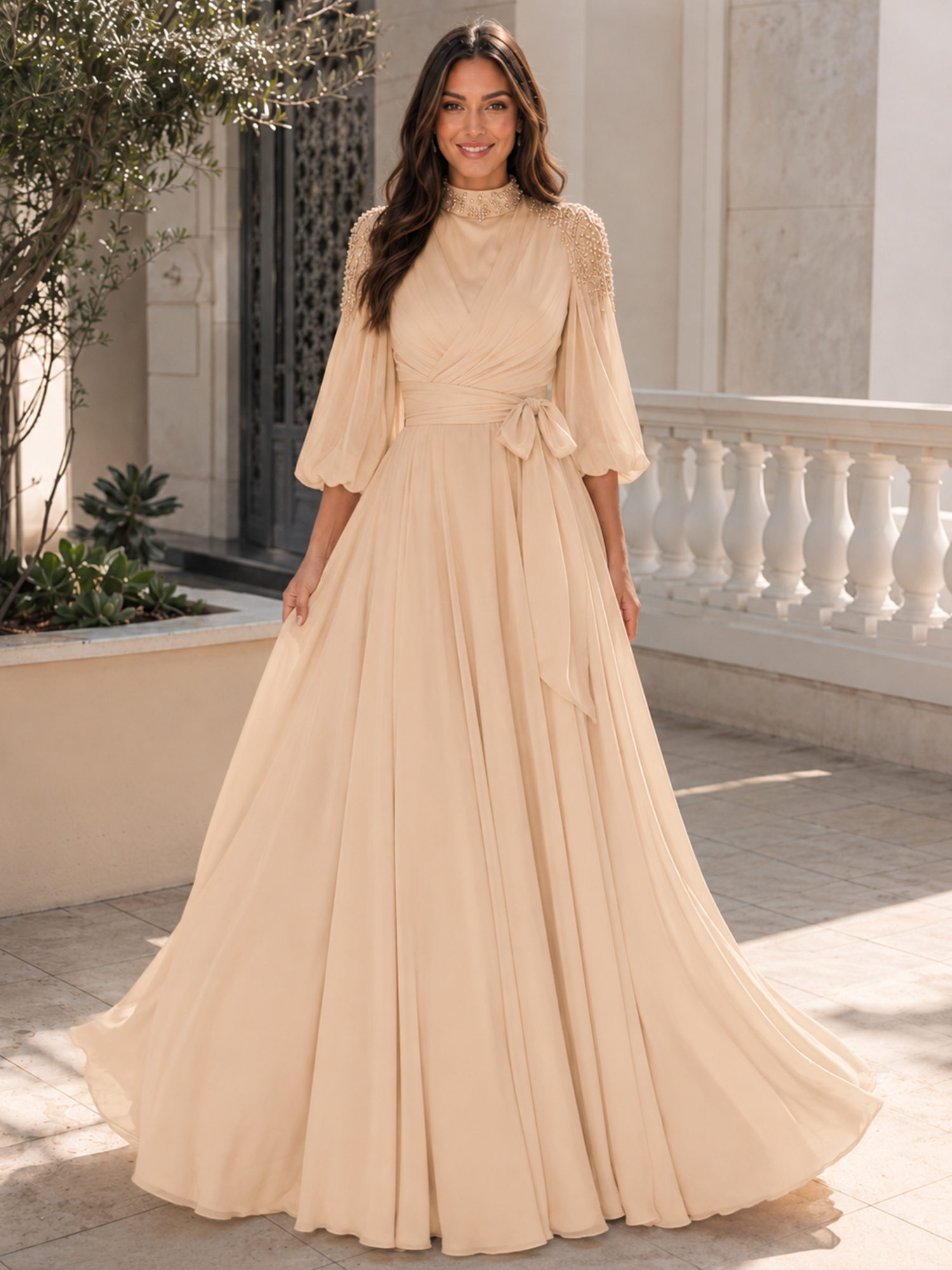 Beaded Mock Neck Long Sleeve Chiffon Evening Gown