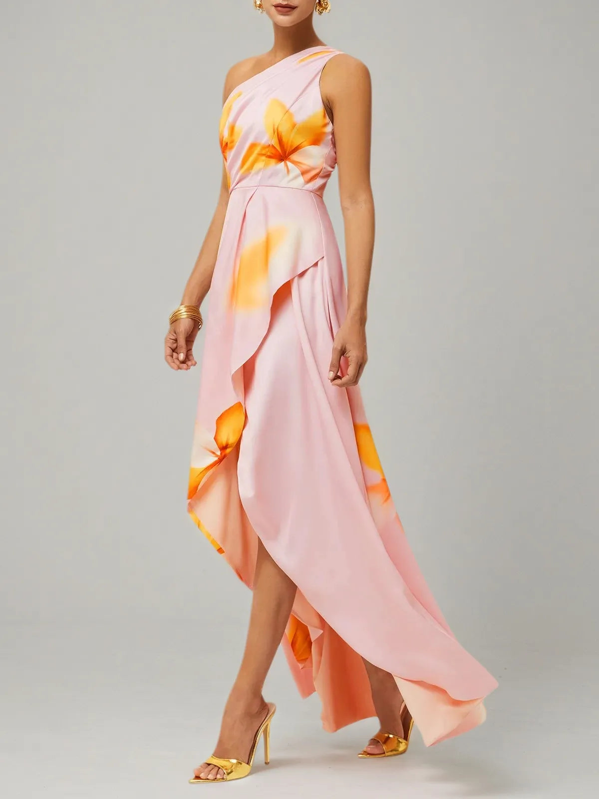 Orange Pink Floral One Shoulder Slit A Line Gown