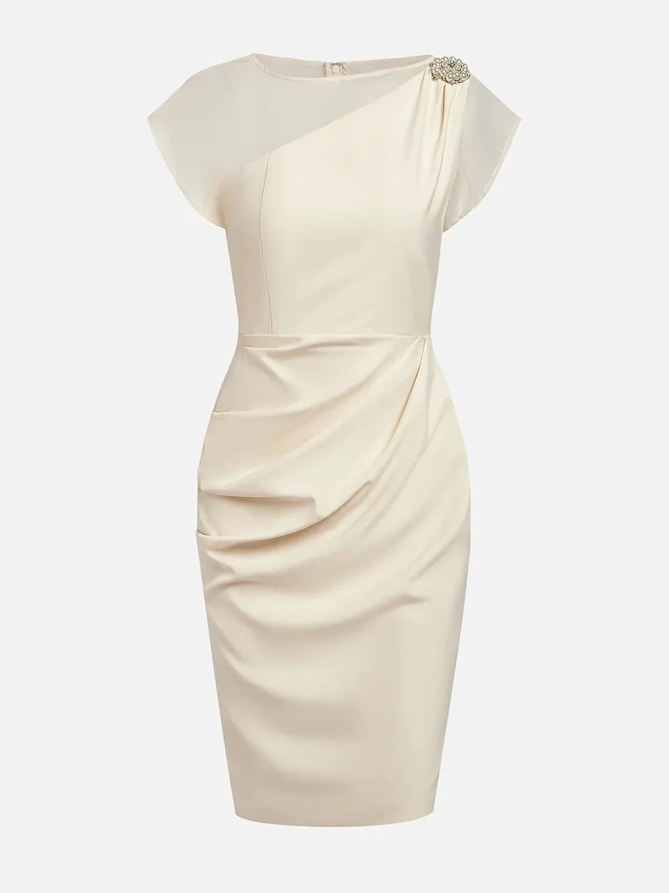 White Imitation Pearls Satin Boat Neck Cap Sleeve Sheath Midi Dress