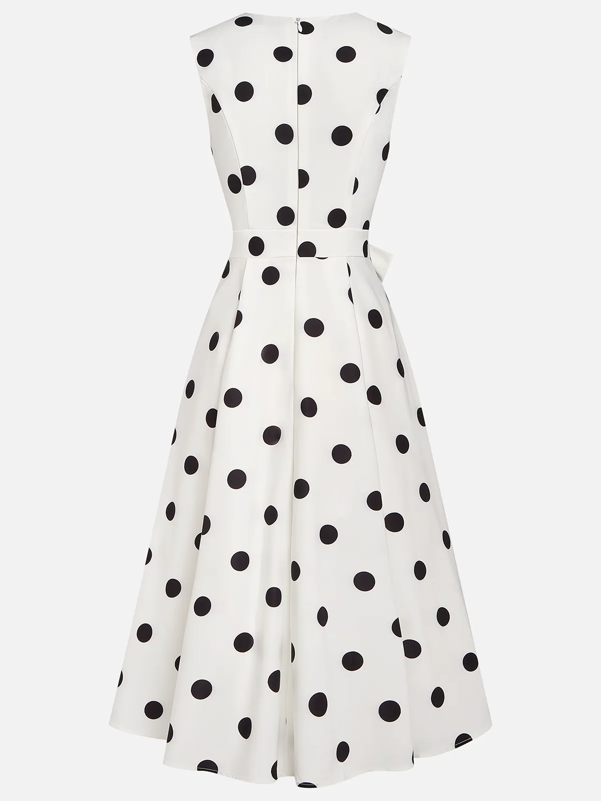 White Polka Dots V Neck Sleeveless A-Line Midi Dress