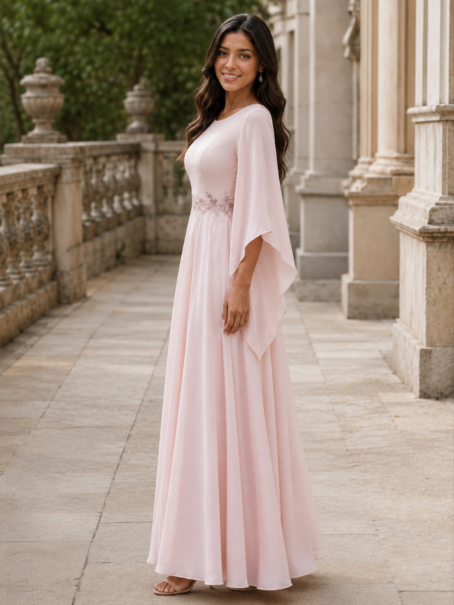 Crew Neck Long Bell Sleeve Applique A-Line Evening Gown