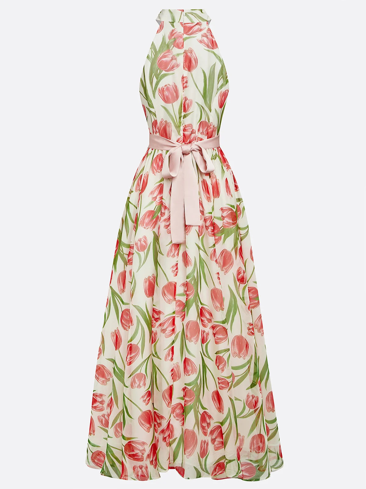 Pink Pleated Floral Chiffon Halter Sleeveless A-Line Mock Neck Maxi Dress