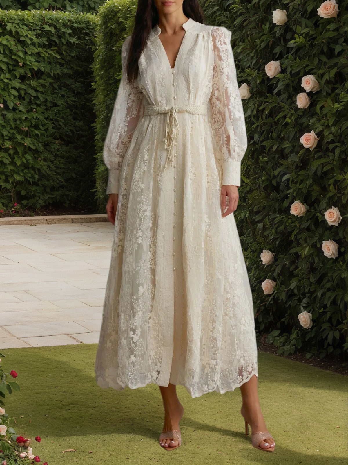 Apricot V-Neck Lace Embroidered Midi Dress
