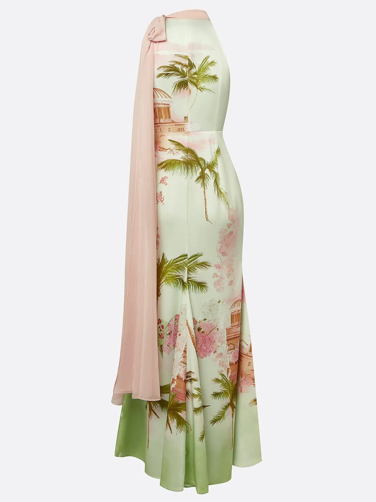 Green Floral Classic Crew Neck Sleeveless A-Line Gown Dress