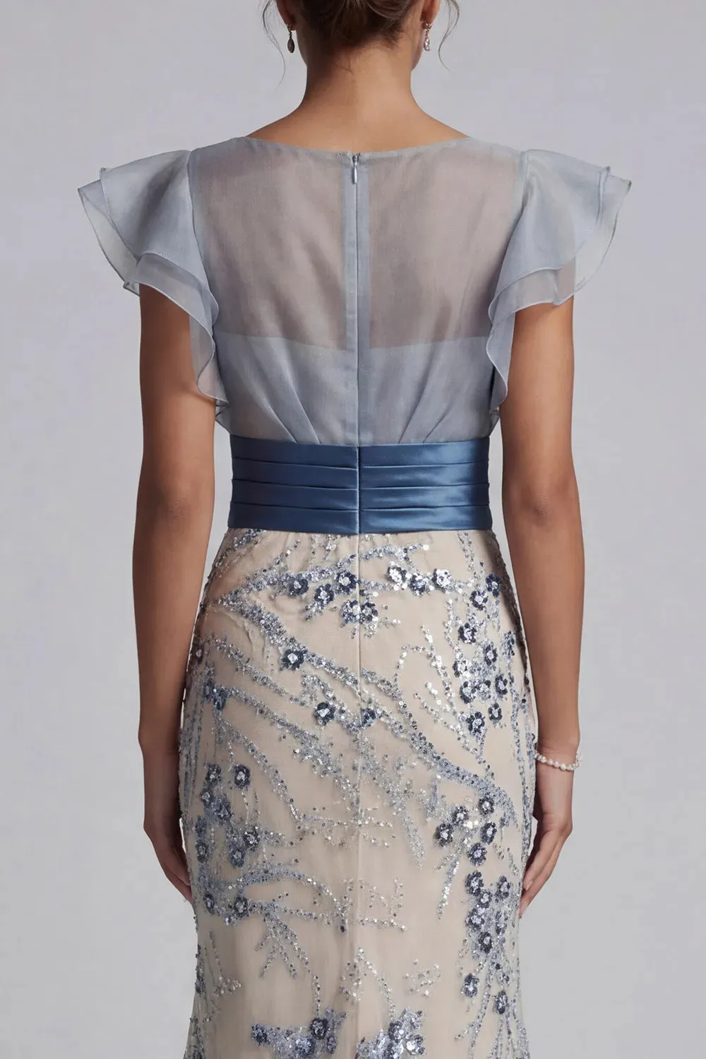 Champagne Sheer Ruffled Sleeve Mermaid Dress