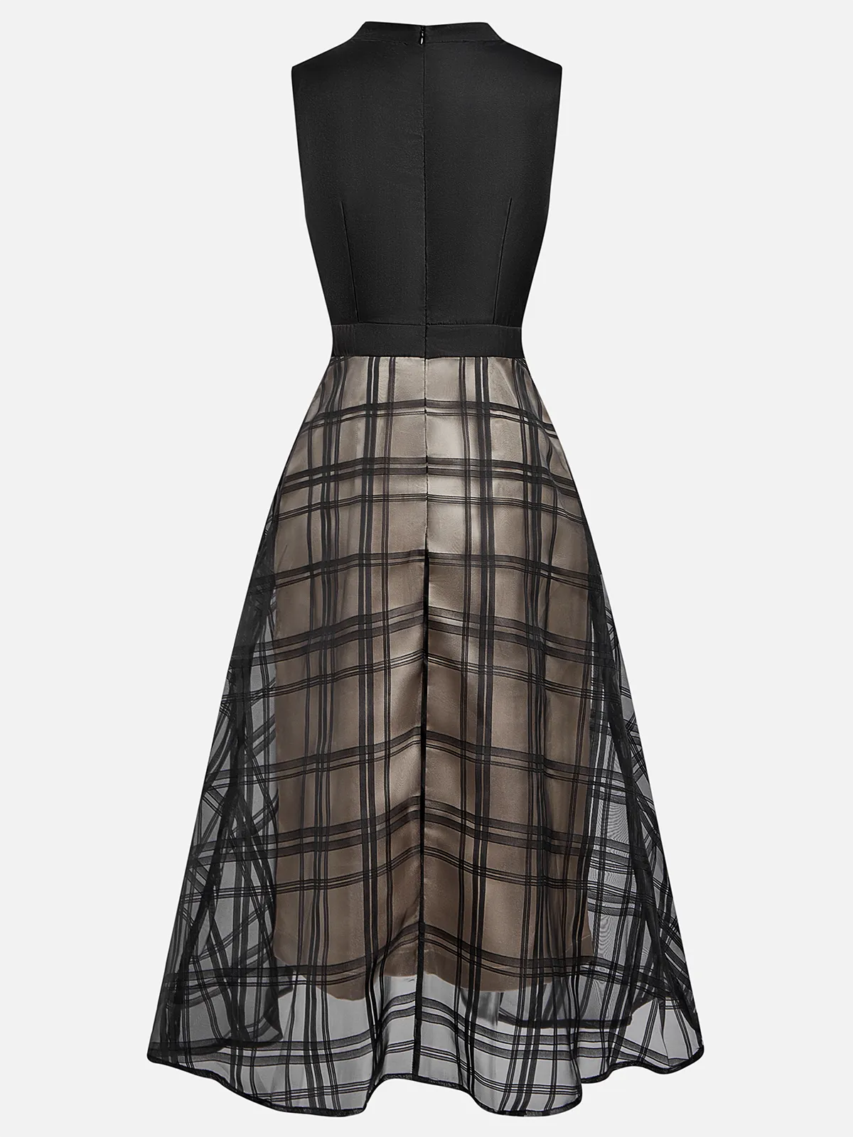 Black Mesh Plaid Classic Mock Neck Sleeveless A-Line Midi Dress