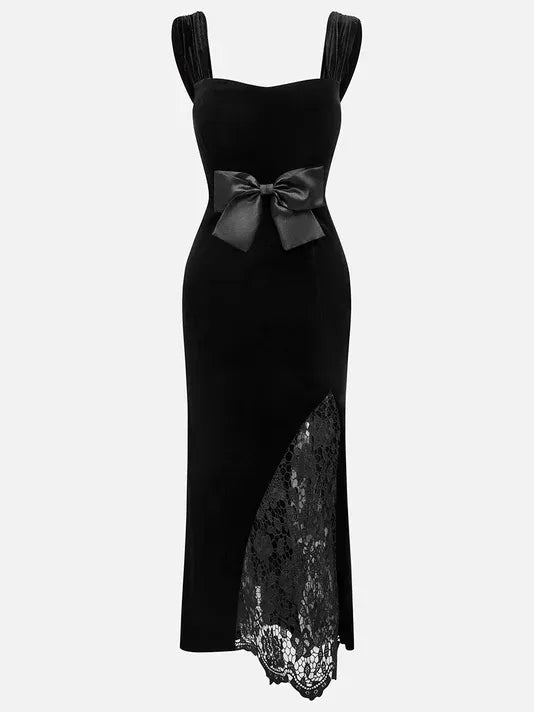 Black Lace Bow Sleeveless Mermaid Maxi Velvet Dress