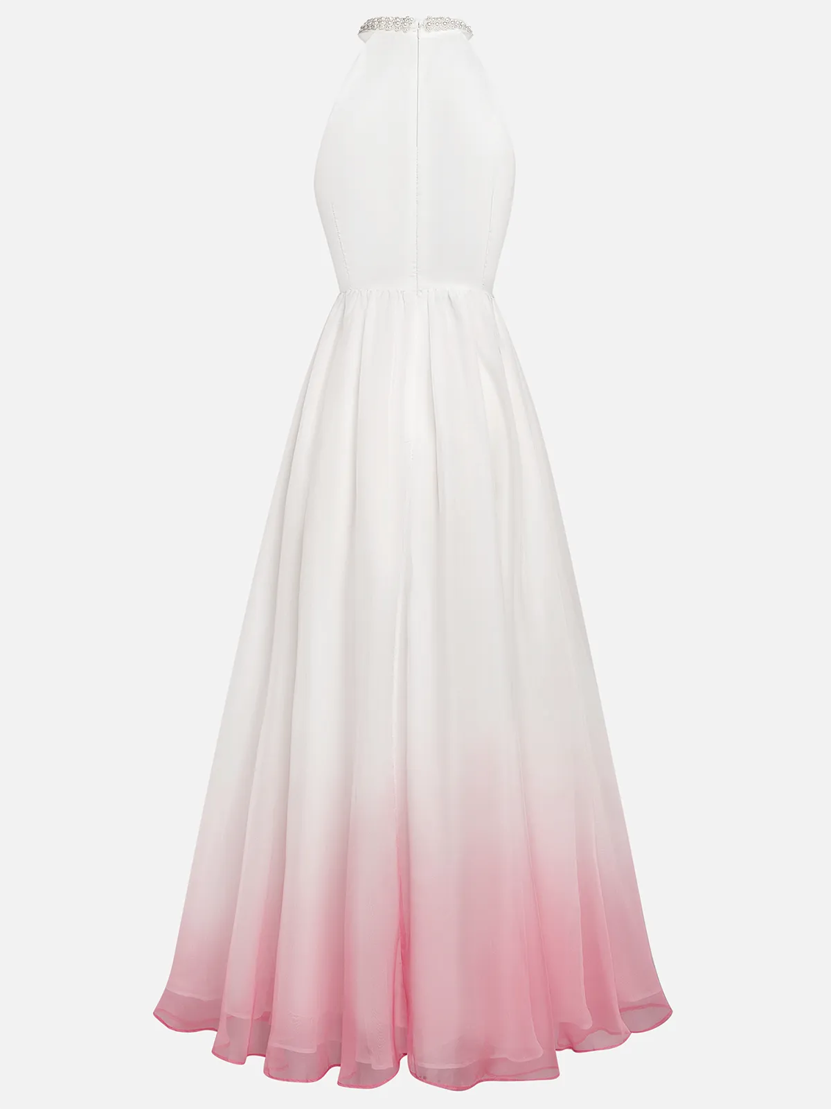 Pink Chiffon Halter Ombre Pearl Cut Out Sleeveless A-Line Mock Neck Maxi Dress