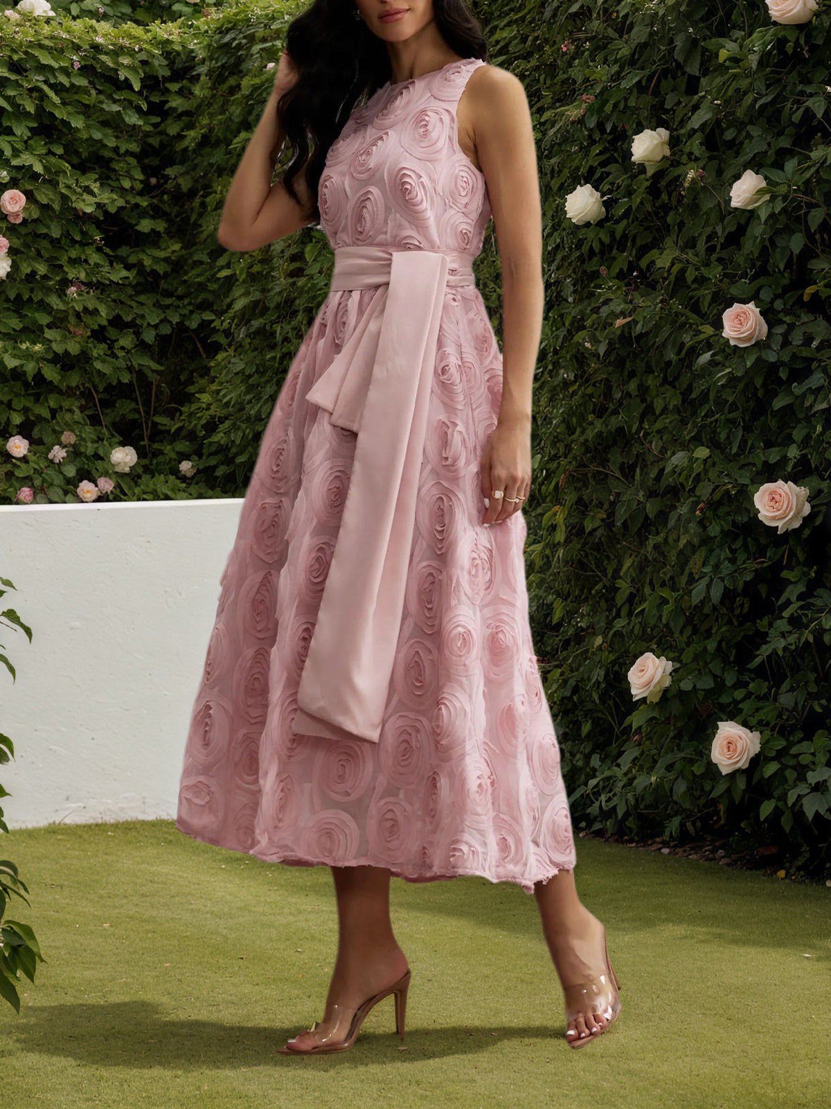 Pink Rosette Applique Sleeveless Maxi Dress