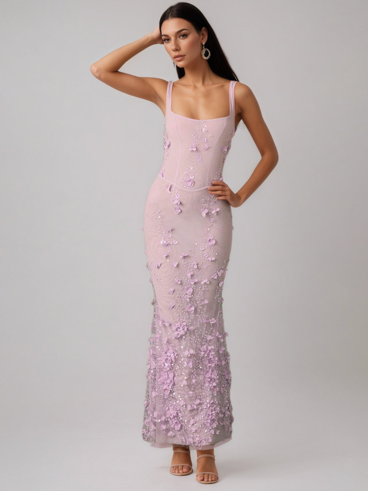 Lilac Square Neck Embellished Fishtail Corset Dress