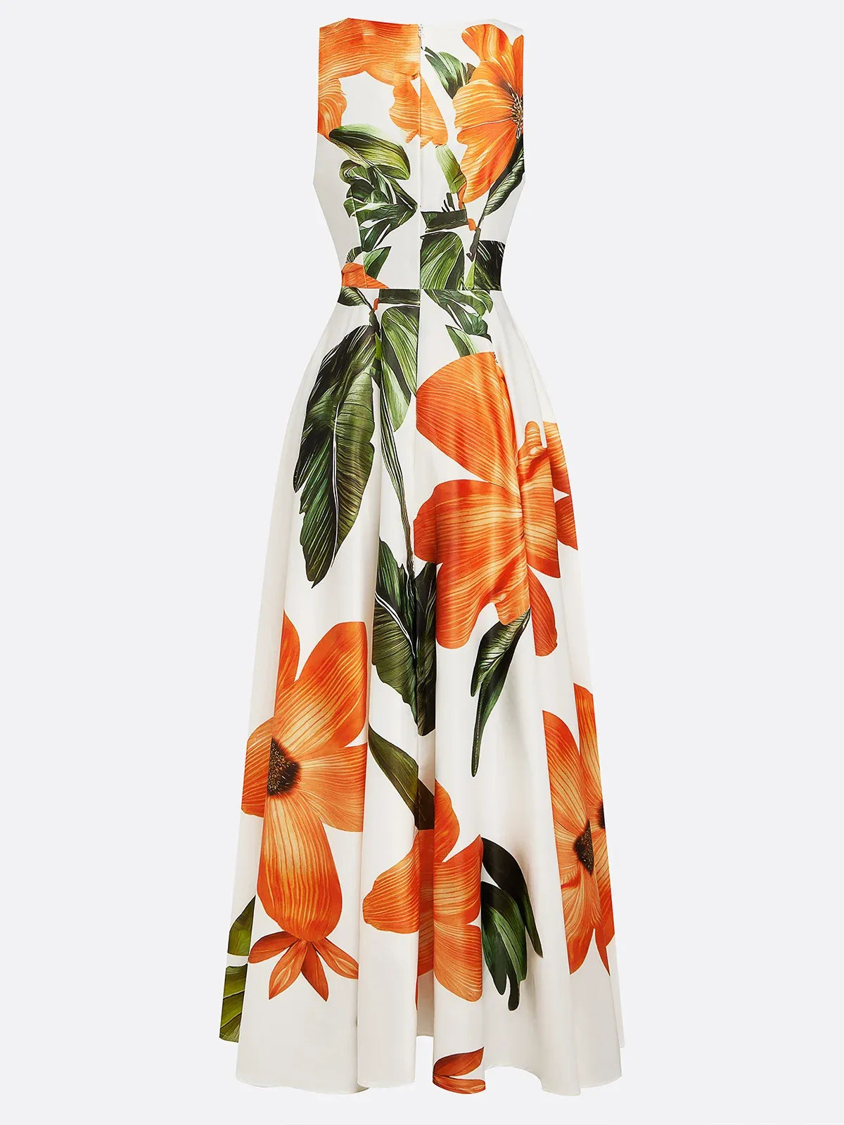 Orange Floral Classic V Neck Sleeveless A-Line Maxi Dress