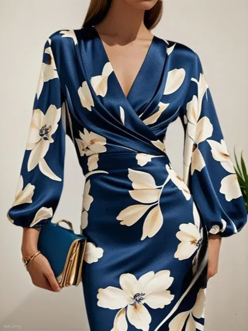 Blue Floral V Neck Balloon Sleeve Midi Sheath Satin Dress