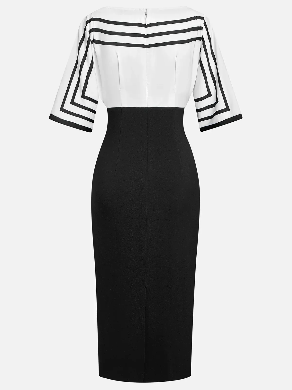 Black Striped Boat Neck Half Sleeve Sheath Midi Satin Dress