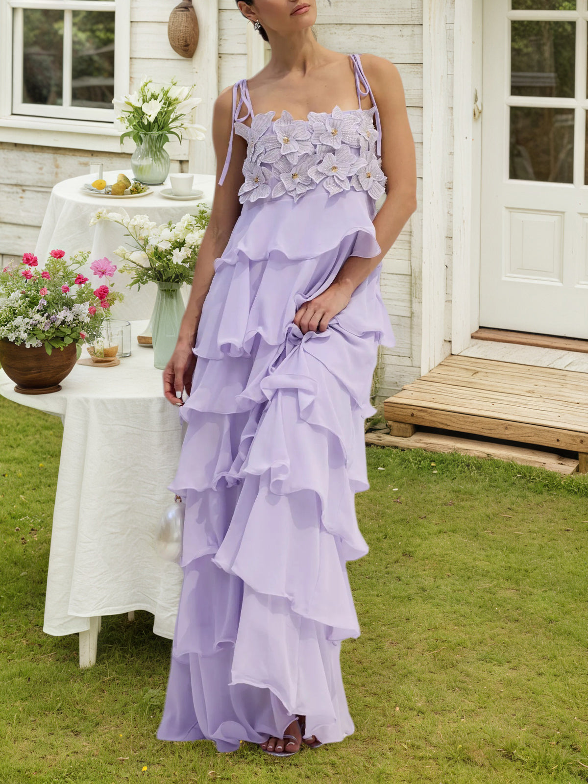 Embroidered Chiffon Ruffle Maxi Dress