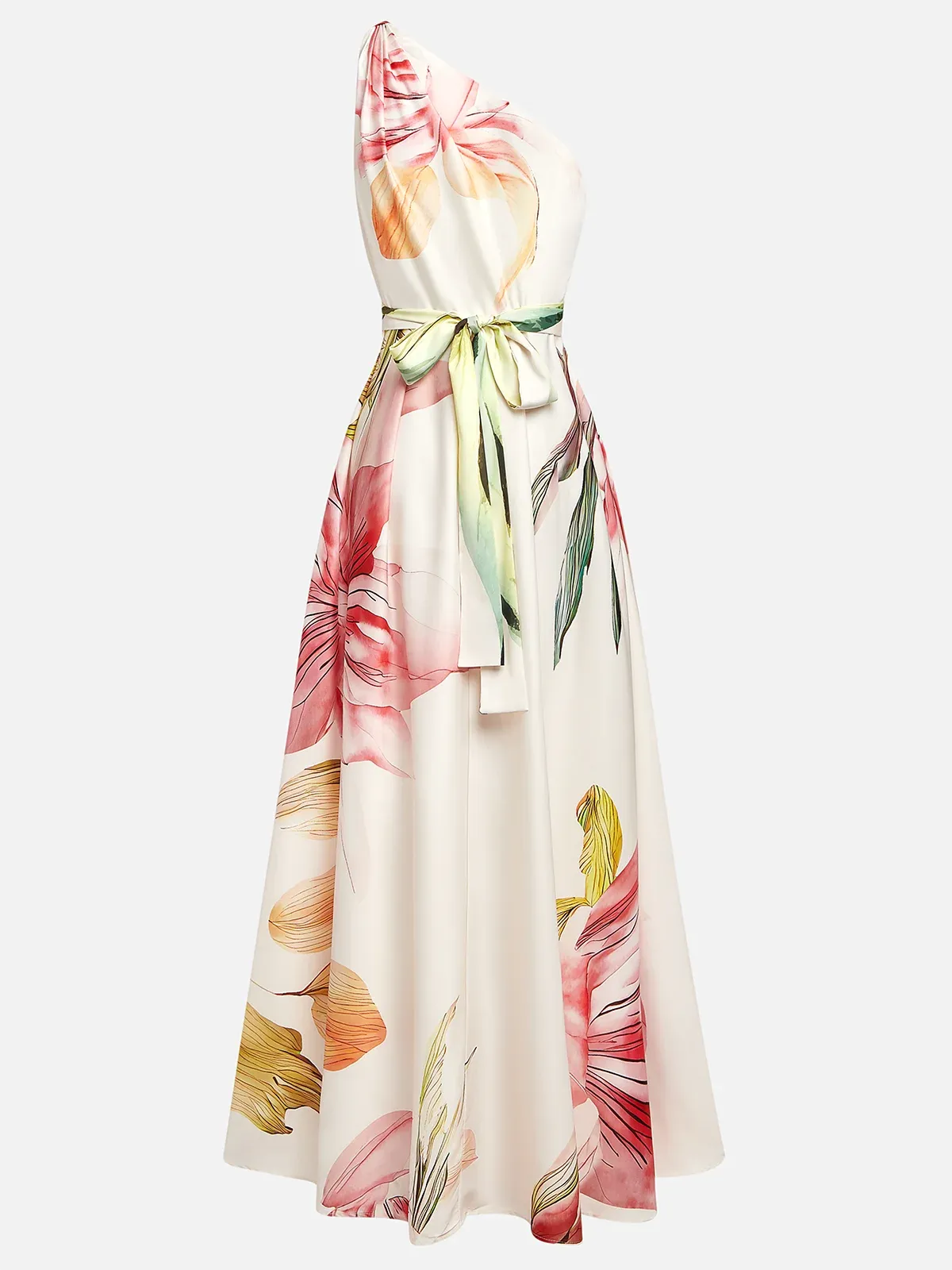 Pink Floral Satin One Shoulder Sleeveless A-Line Maxi Dress