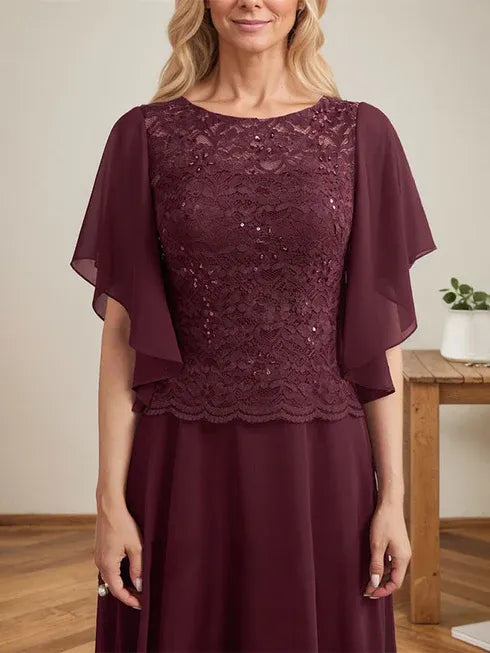 A-line Scoop Illusion Floor-Length Lace Chiffon Mother of the Bride Dress With Sequins