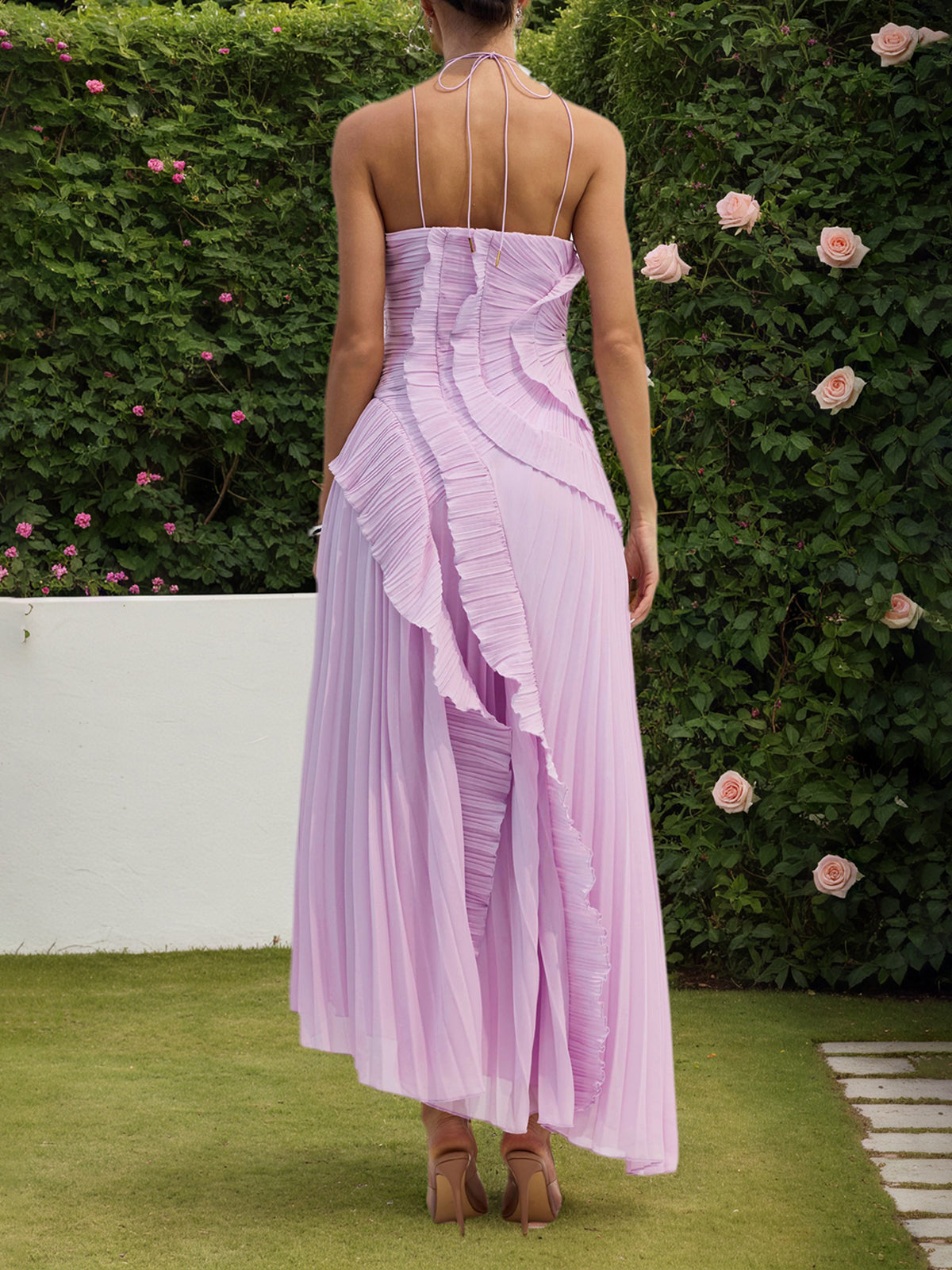 Purple Asymmetrical Pleated Halter Neck Midi Dress