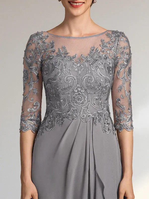 A-line Scoop Illusion Floor-Length Chiffon Lace Mother of the Bride Dress With Beading Sequins Cascading Ruffles