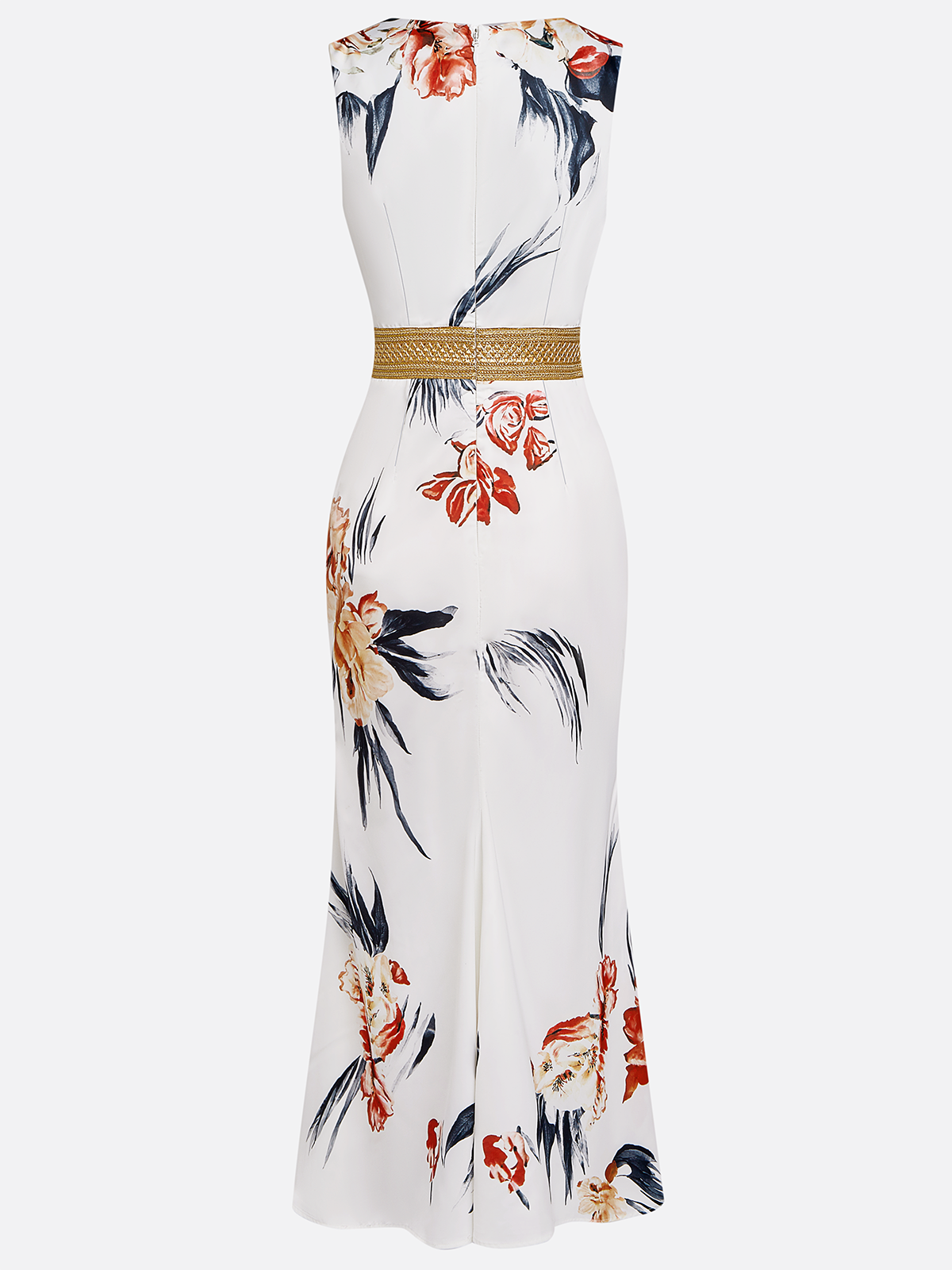White Floral Satin V Neck Sleeveless A-Line Maxi Dress