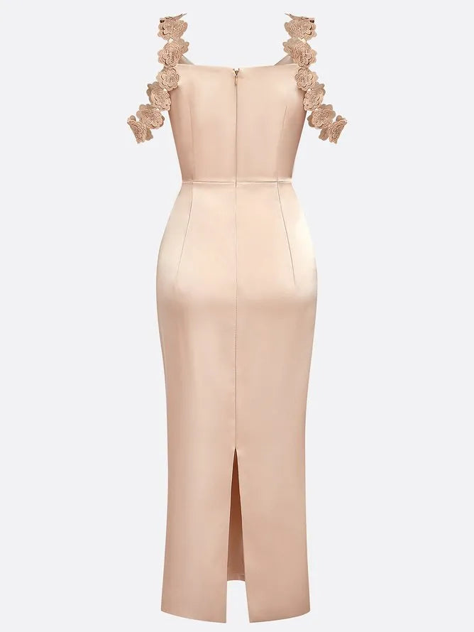 Champagne 3D Floral Satin Cowl Neck Sleeveless Sheath Midi Dress