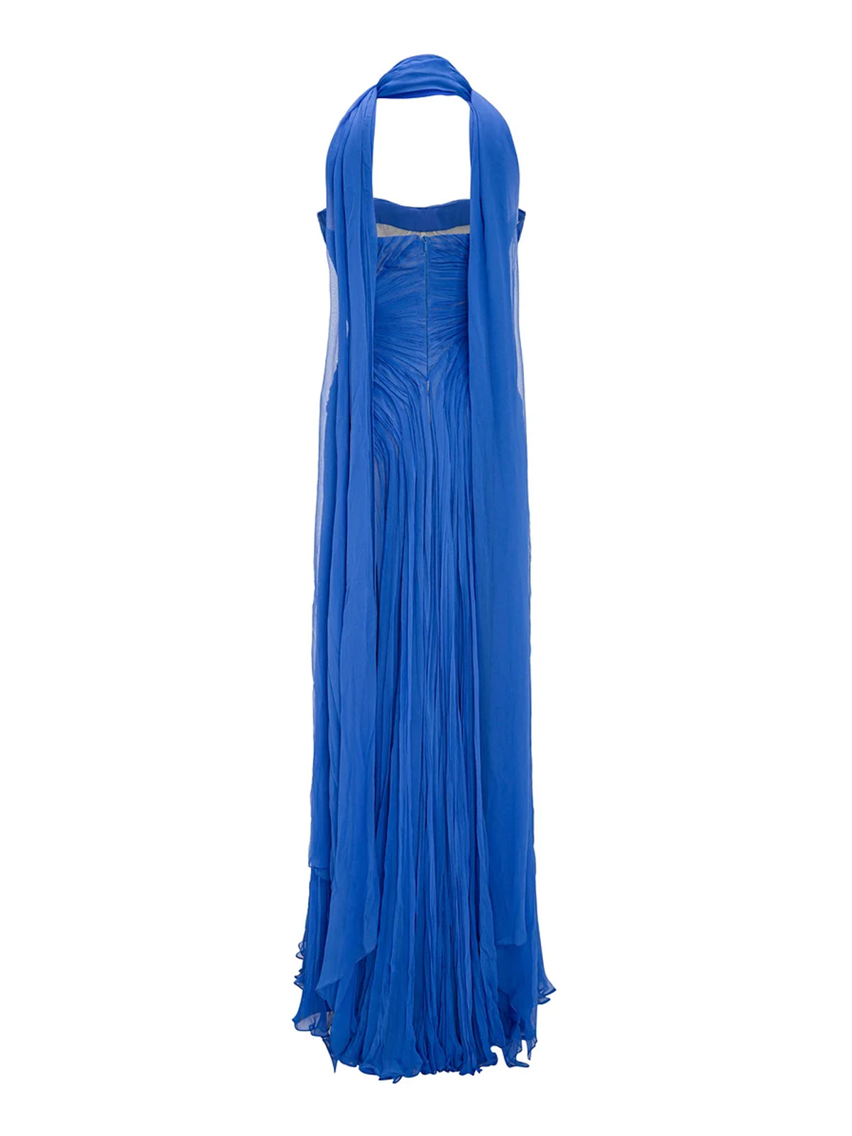 Blue Chiffon A Line Off The Shoulder Sleeveless Floor Length Pleated Dress