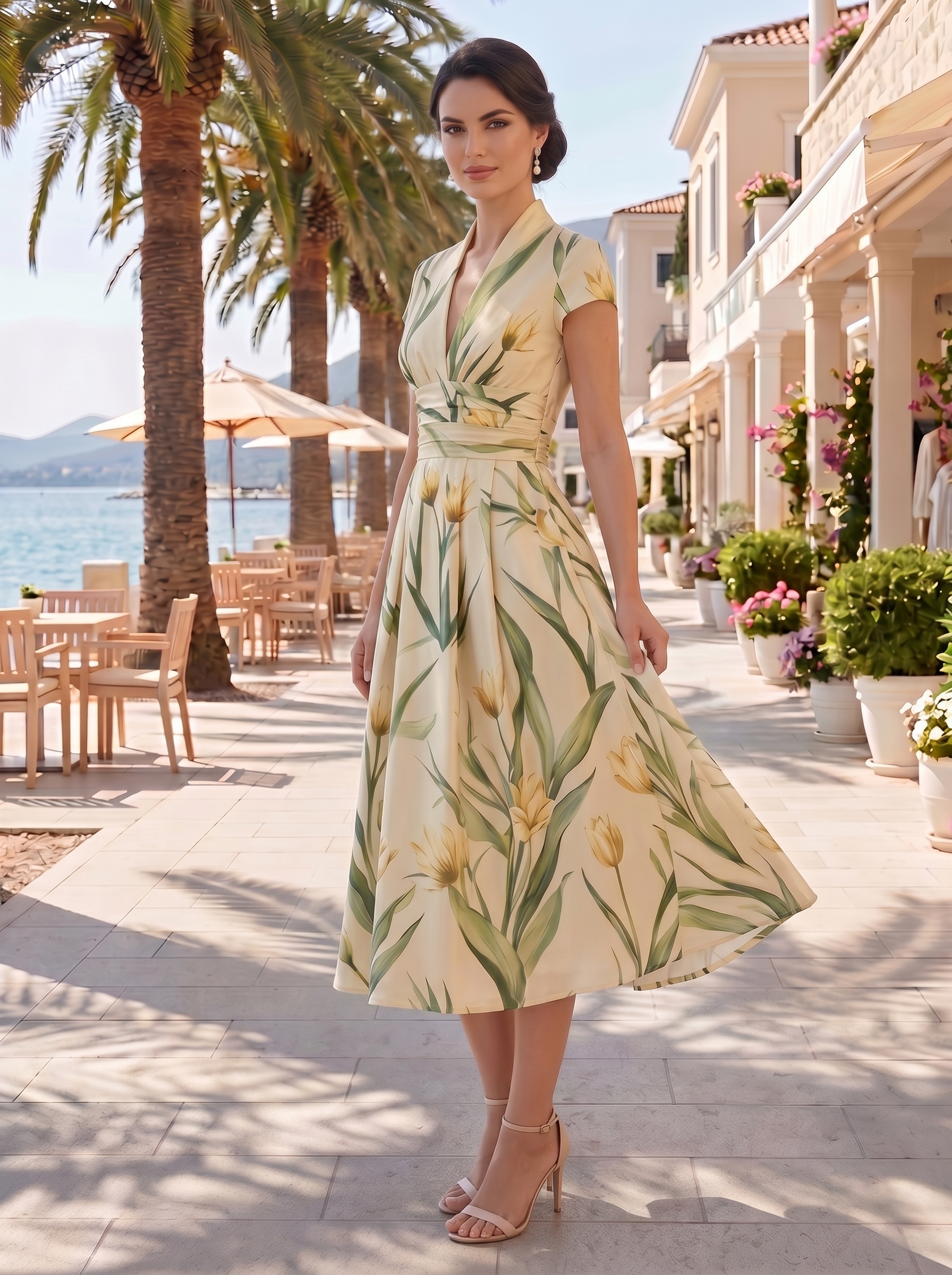 Tulip Bloom Deep V Waist Detail Maxi Dress