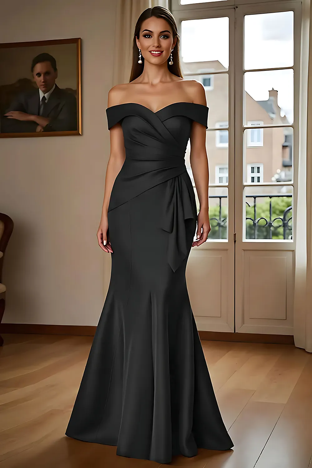 Elegant Off-The-Shoulder Mermaid Evening Gown With Side Drape Detail