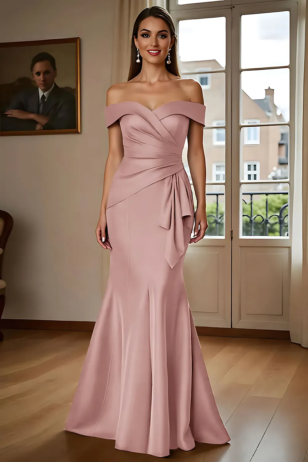 Elegant Off-The-Shoulder Mermaid Evening Gown With Side Drape Detail