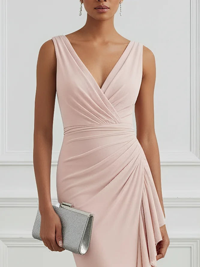 Pink Ruffled Ruched Knit Cowl Neck Cap Sleeve Bodycon Maxi Dress