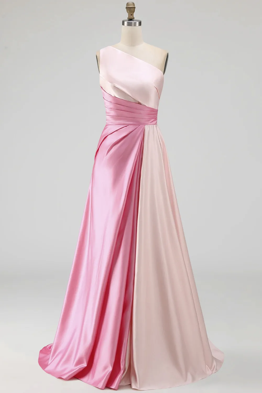 One-Shoulder Two-Tone Pleated A-Line Evening Gown with Pockets