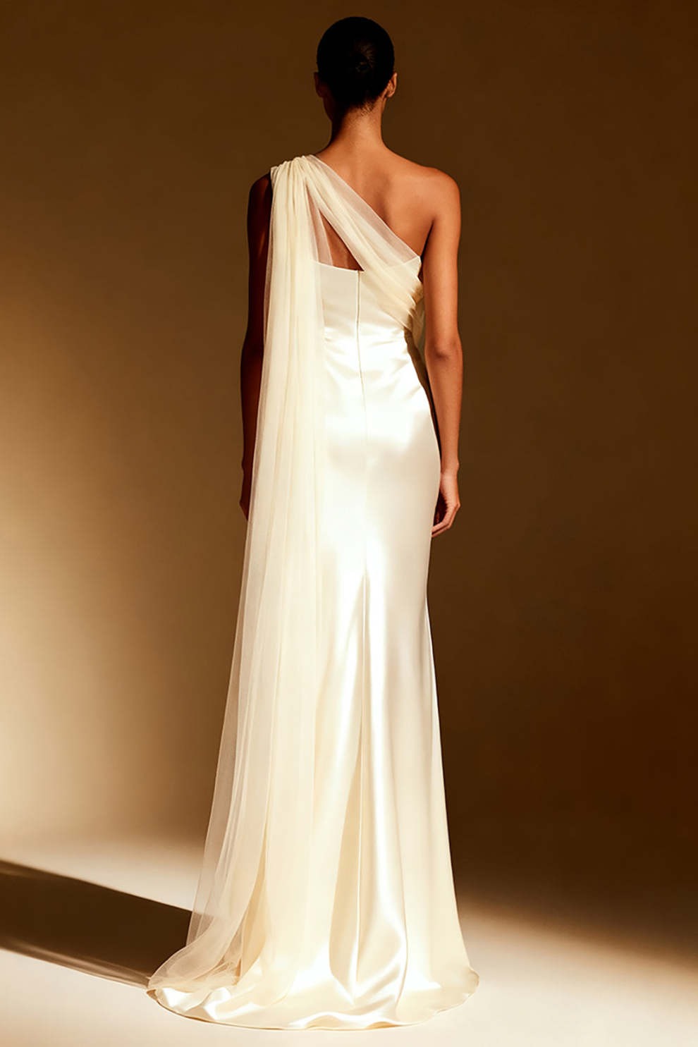White Satin Mermaid One Shoulder Long Formal Dress with Side Cape