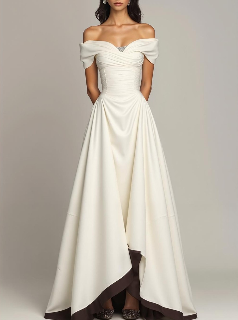 White A Line Ruched Off the Shoulder Long Formal Dress