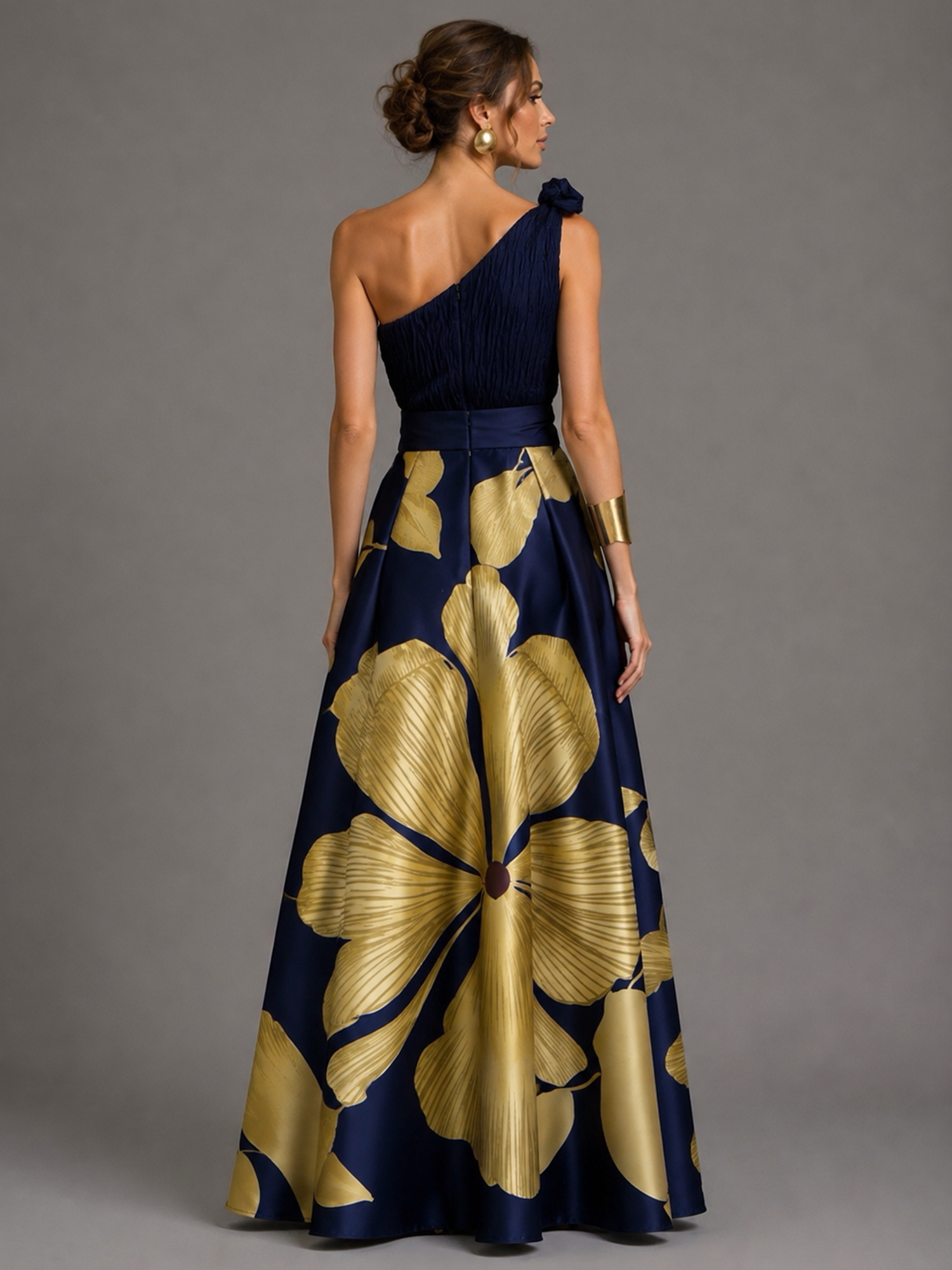 One-Shoulder Pleated Bodice Floral Print Satin Evening Gown