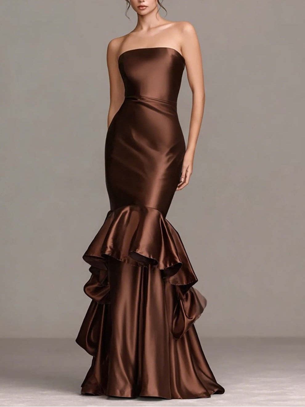 Coffee Satin Strapless Mermaid Ruffled Long Formal Dress