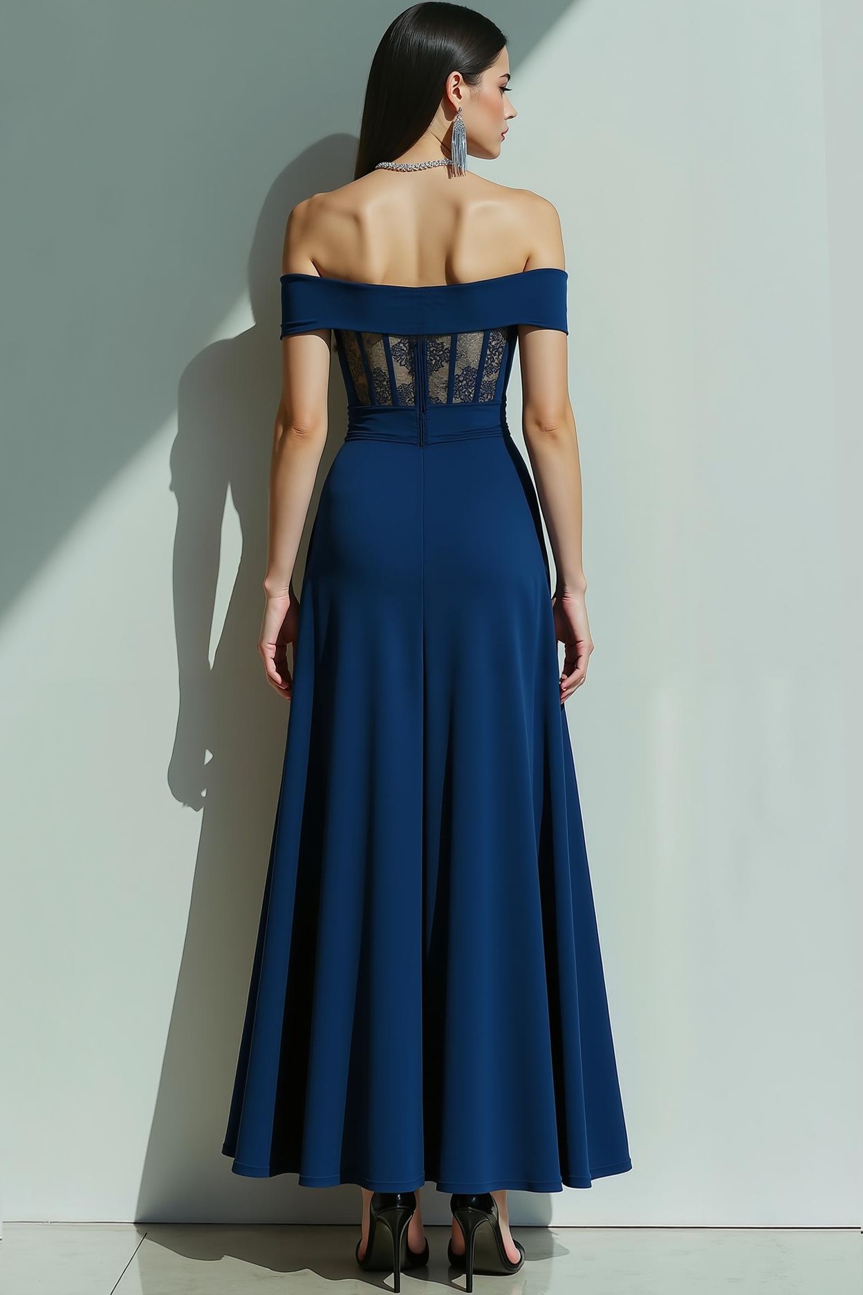 Formal Dress Sheath Navy Off the Shoulder Corset Maxi Dress