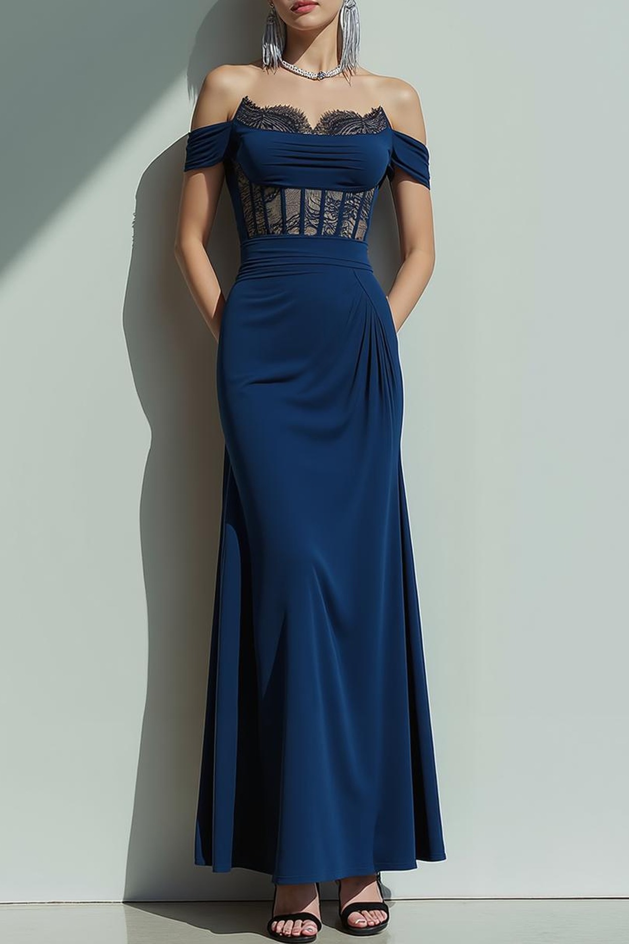 Formal Dress Sheath Navy Off the Shoulder Corset Maxi Dress