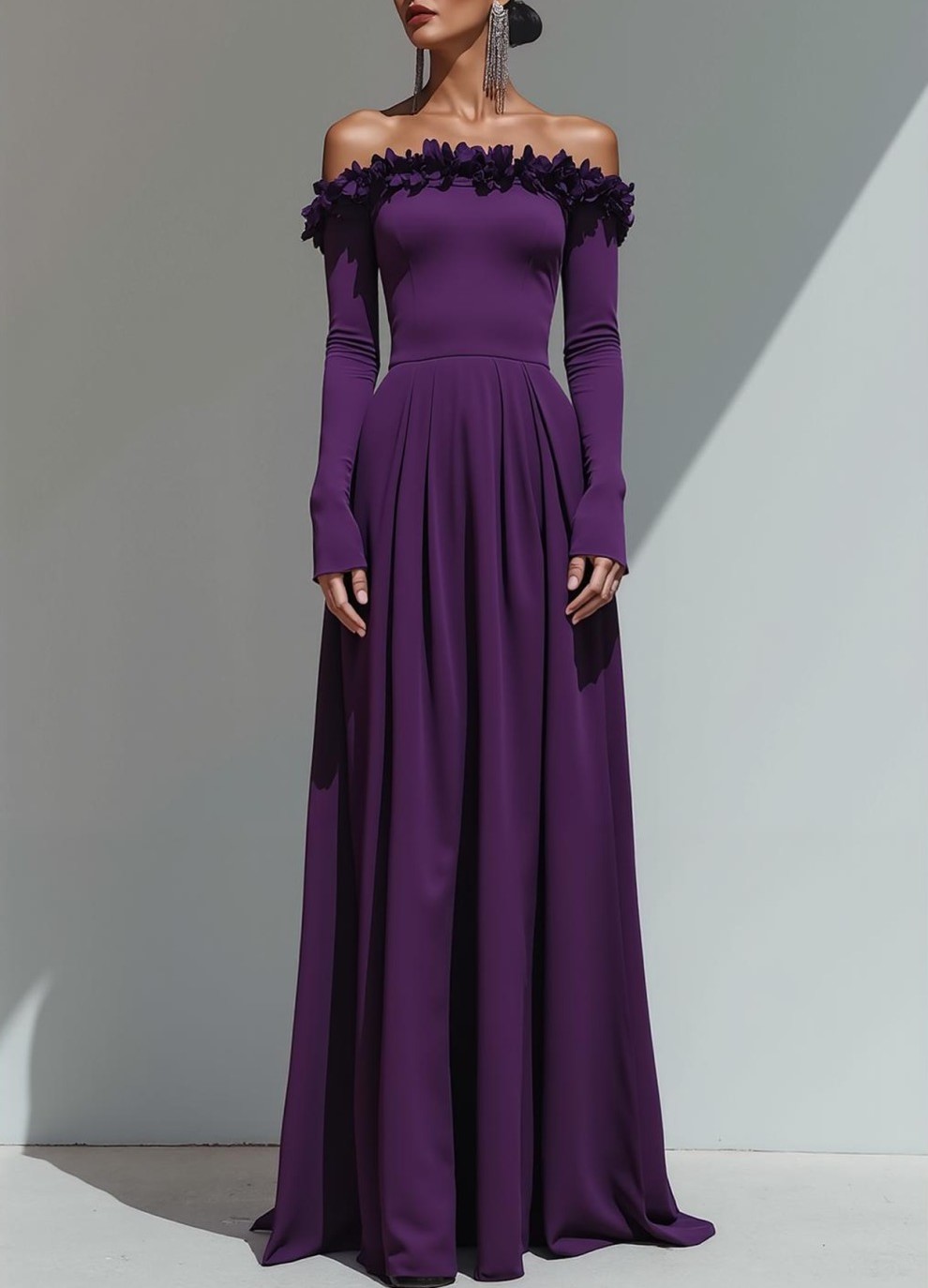 Purple Sheath Off the Shoulder Maxi Formal Dress with Sleeves