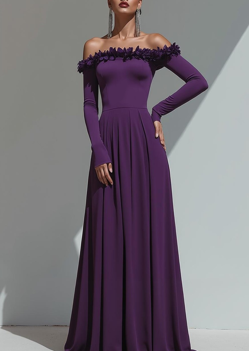 Purple Sheath Off the Shoulder Maxi Formal Dress with Sleeves