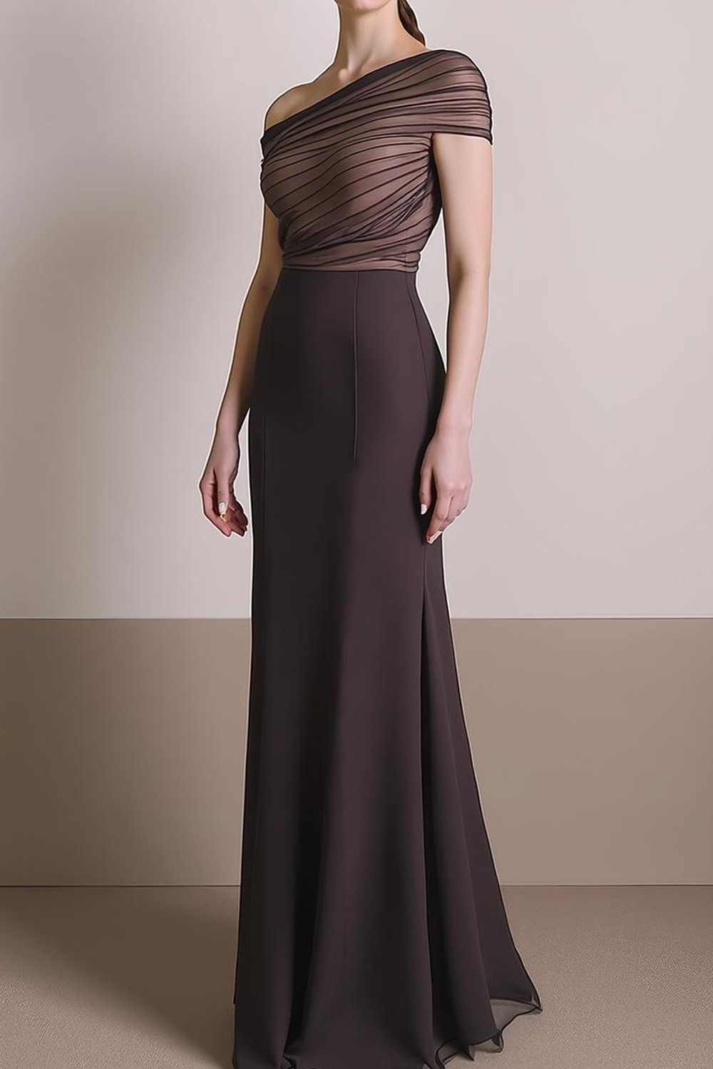 Formal Dress Sheath Brown One Shoulder Maxi Dress