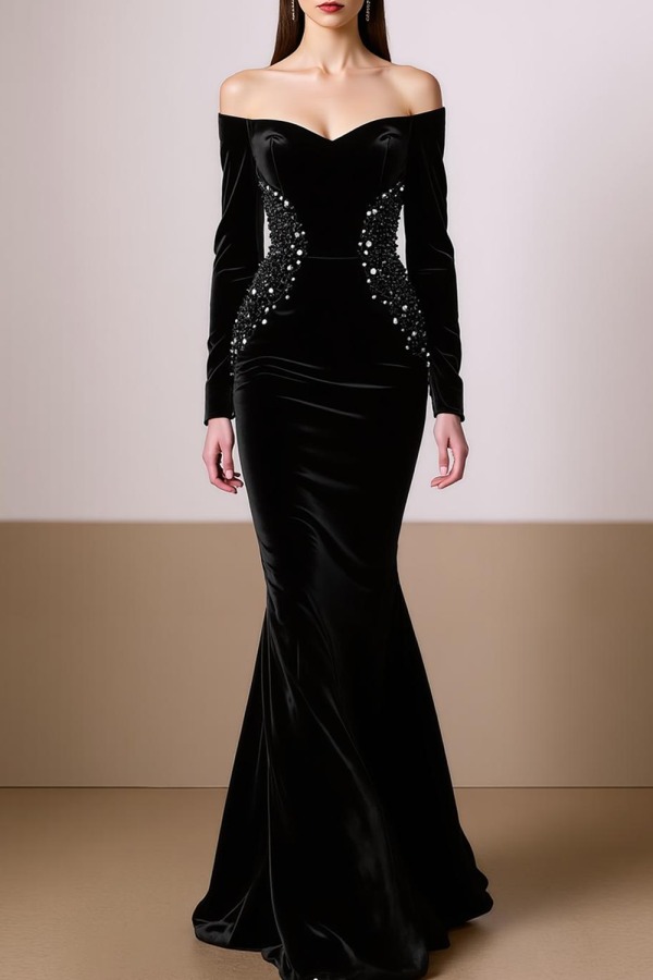 Evening Formal Dress Mermaid Black Long Sleeves Beaded Maxi Dress